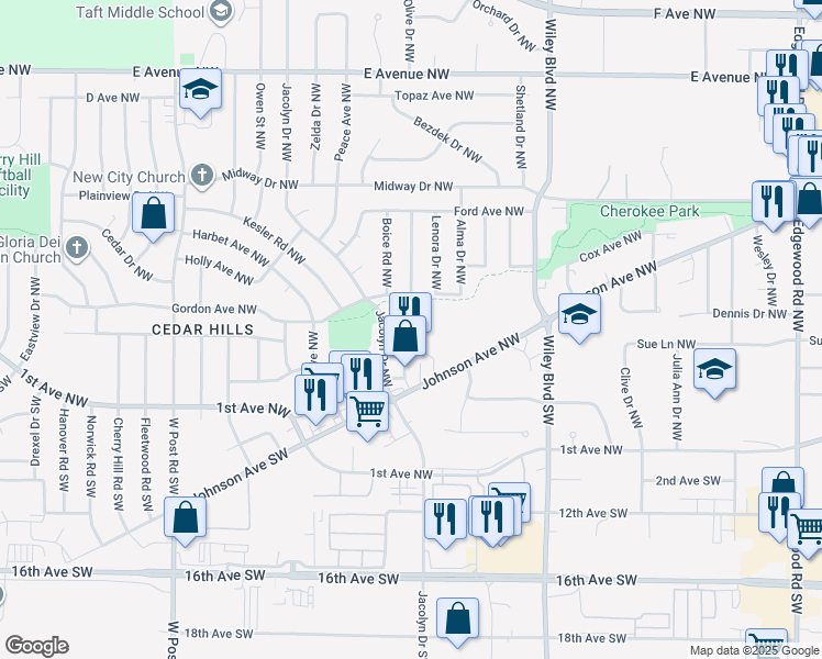 map of restaurants, bars, coffee shops, grocery stores, and more near 193 Jacolyn Drive Northwest in Cedar Rapids
