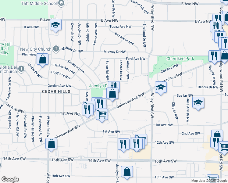 map of restaurants, bars, coffee shops, grocery stores, and more near 193 Jacolyn Drive Northwest in Cedar Rapids