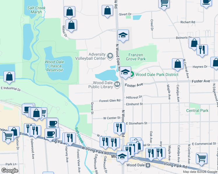 map of restaurants, bars, coffee shops, grocery stores, and more near 144 School Street in Wood Dale