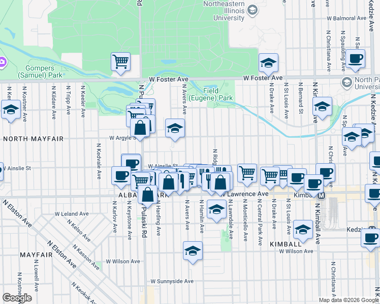 map of restaurants, bars, coffee shops, grocery stores, and more near 4947 North Avers Avenue in Chicago
