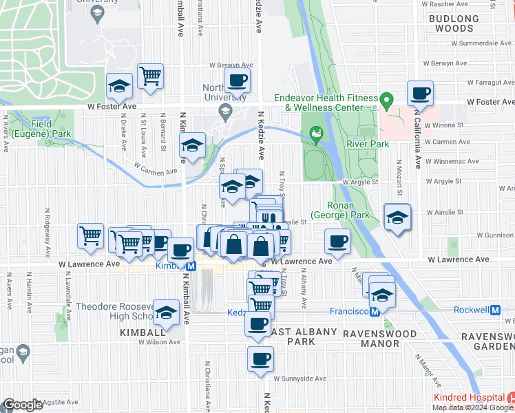 map of restaurants, bars, coffee shops, grocery stores, and more near 4926 North Kedzie Avenue in Chicago