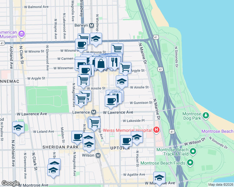 map of restaurants, bars, coffee shops, grocery stores, and more near 1111 West Ainslie Street in Chicago
