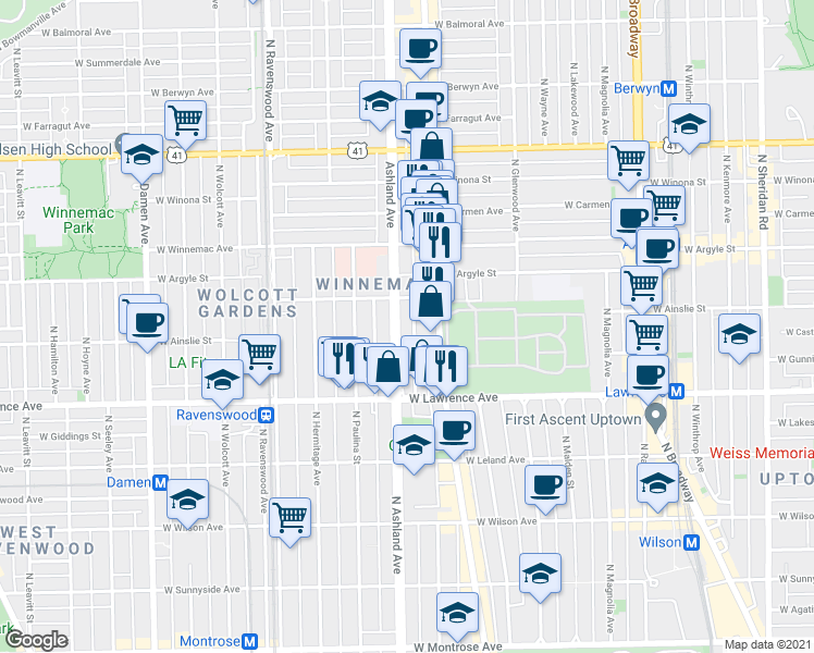 map of restaurants, bars, coffee shops, grocery stores, and more near 4889 North Ashland Avenue in Chicago