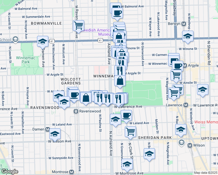 map of restaurants, bars, coffee shops, grocery stores, and more near 4889 North Ashland Avenue in Chicago