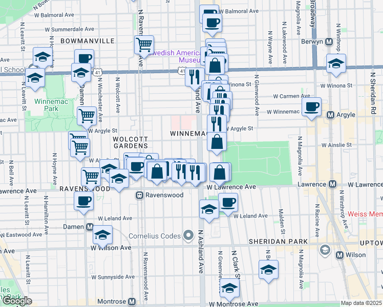 map of restaurants, bars, coffee shops, grocery stores, and more near 4891 North Paulina Street in Chicago