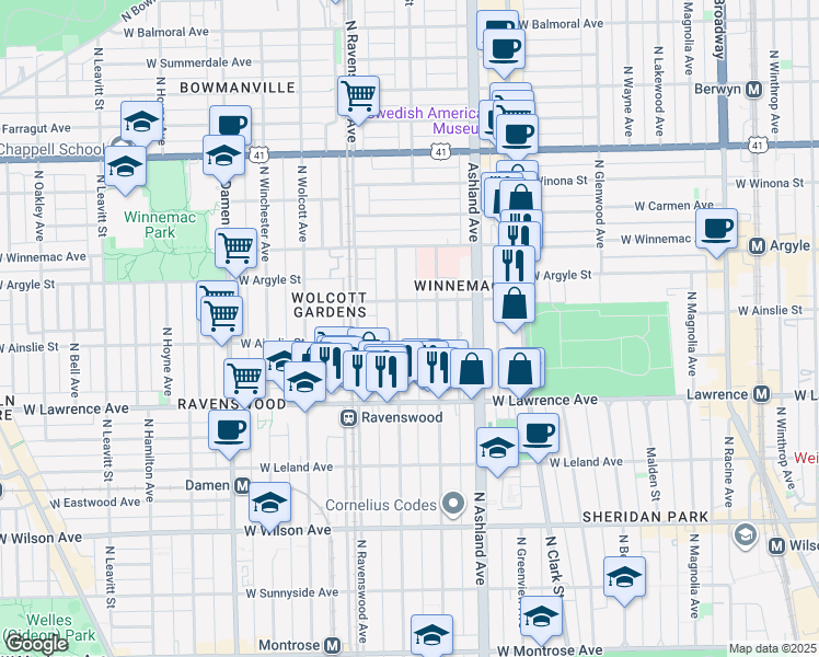 map of restaurants, bars, coffee shops, grocery stores, and more near 4891 North Hermitage Avenue in Chicago