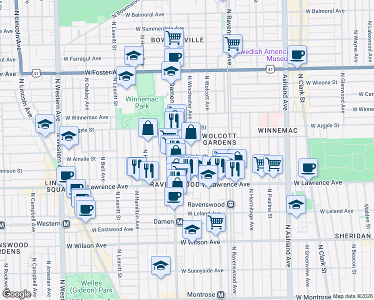 map of restaurants, bars, coffee shops, grocery stores, and more near 4926 North Winchester Avenue in Chicago