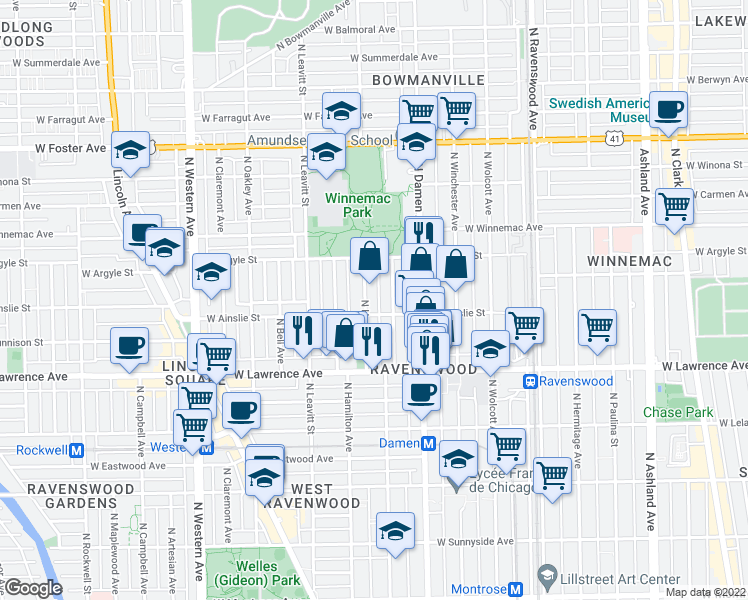 map of restaurants, bars, coffee shops, grocery stores, and more near 4932 North Seeley Avenue in Chicago