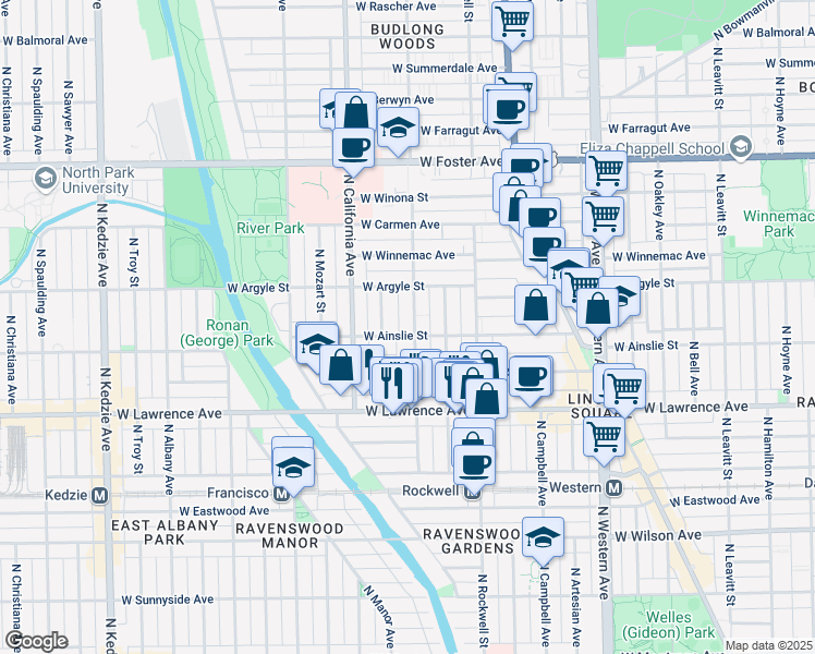 map of restaurants, bars, coffee shops, grocery stores, and more near 4925 North Washtenaw Avenue in Chicago