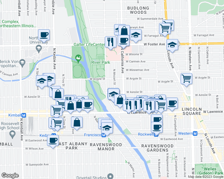 map of restaurants, bars, coffee shops, grocery stores, and more near 4926 North Mozart Street in Chicago