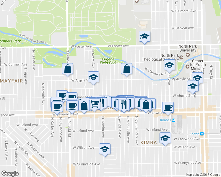 map of restaurants, bars, coffee shops, grocery stores, and more near 4949 North Ridgeway Avenue in Chicago