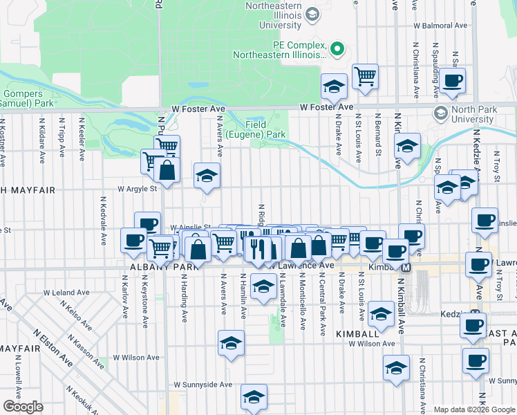 map of restaurants, bars, coffee shops, grocery stores, and more near 4949 North Ridgeway Avenue in Chicago
