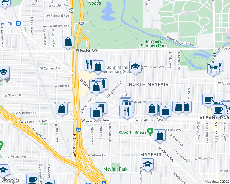 map of restaurants, bars, coffee shops, grocery stores, and more near 4950 North Kilpatrick Avenue in Chicago