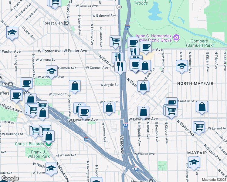 map of restaurants, bars, coffee shops, grocery stores, and more near 4813 West Argyle Street in Chicago
