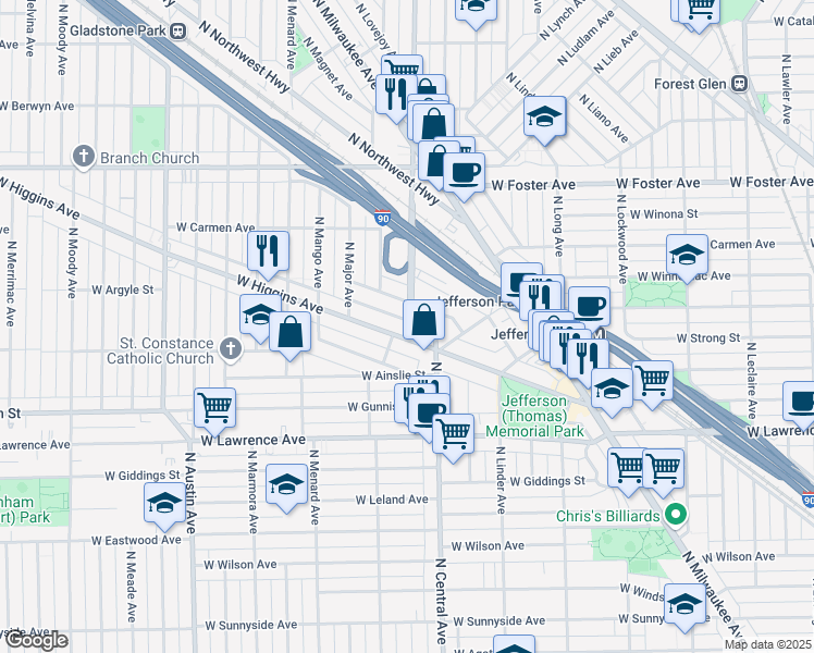 map of restaurants, bars, coffee shops, grocery stores, and more near 5643 West Goodman Street in Chicago