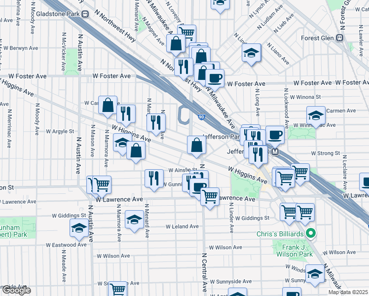map of restaurants, bars, coffee shops, grocery stores, and more near 5685 West Goodman Street in Chicago