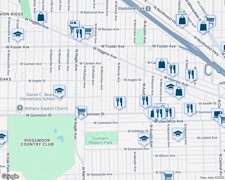 map of restaurants, bars, coffee shops, grocery stores, and more near 4943 North Melvina Avenue in Chicago