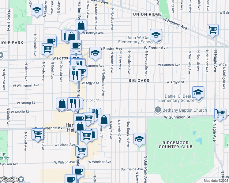 map of restaurants, bars, coffee shops, grocery stores, and more near 4944 North Nordica Avenue in Chicago