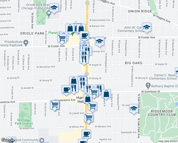 map of restaurants, bars, coffee shops, grocery stores, and more near 4951 Illinois 43 in Harwood Heights