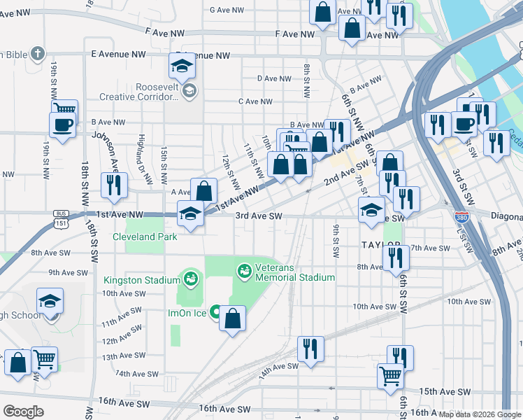 map of restaurants, bars, coffee shops, grocery stores, and more near 1117 1st Avenue Southwest in Cedar Rapids