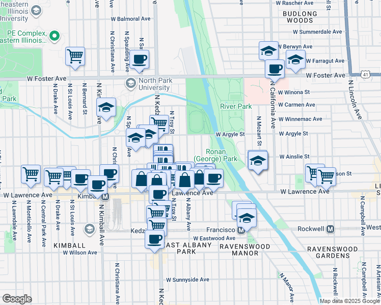 map of restaurants, bars, coffee shops, grocery stores, and more near 4923 North Albany Avenue in Chicago