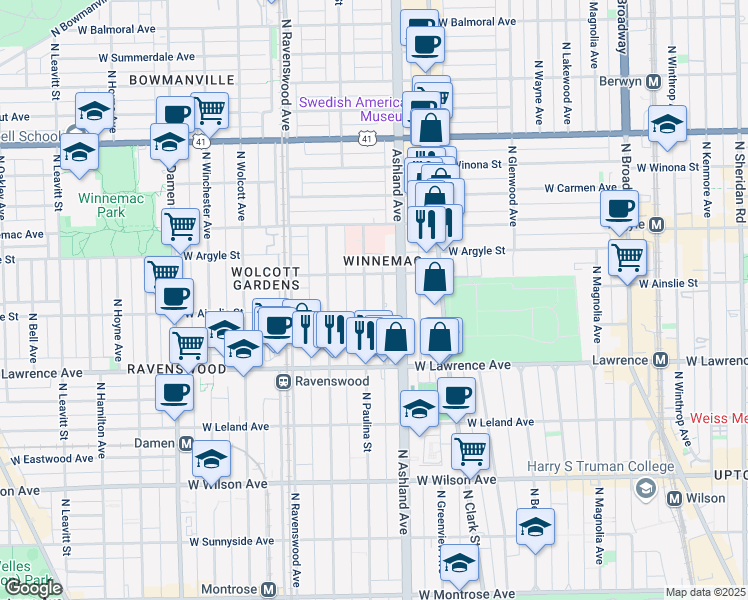 map of restaurants, bars, coffee shops, grocery stores, and more near 4877 North Paulina Street in Chicago