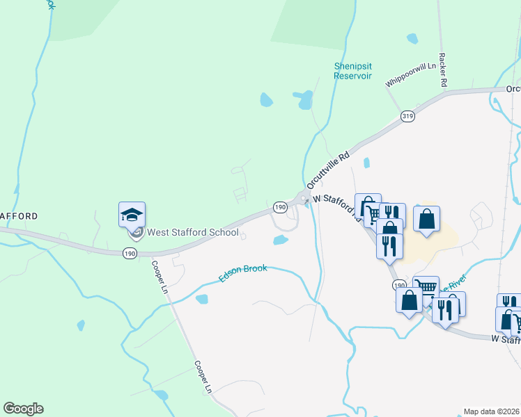 map of restaurants, bars, coffee shops, grocery stores, and more near 117 West Stafford Road in Stafford