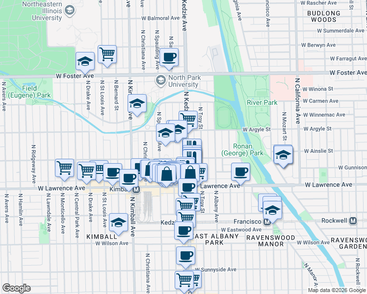 map of restaurants, bars, coffee shops, grocery stores, and more near 4928 North Kedzie Avenue in Chicago