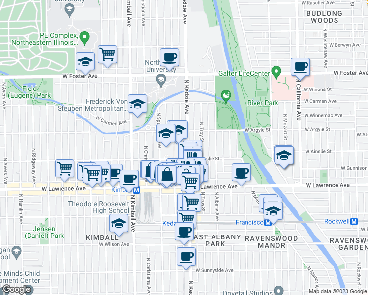 map of restaurants, bars, coffee shops, grocery stores, and more near 4922 North Kedzie Avenue in Chicago