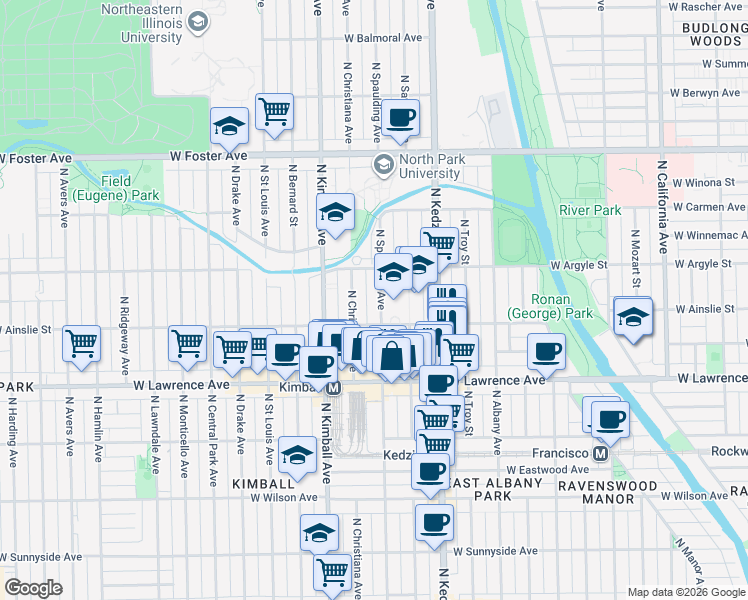map of restaurants, bars, coffee shops, grocery stores, and more near 4922 North Spaulding Avenue in Chicago