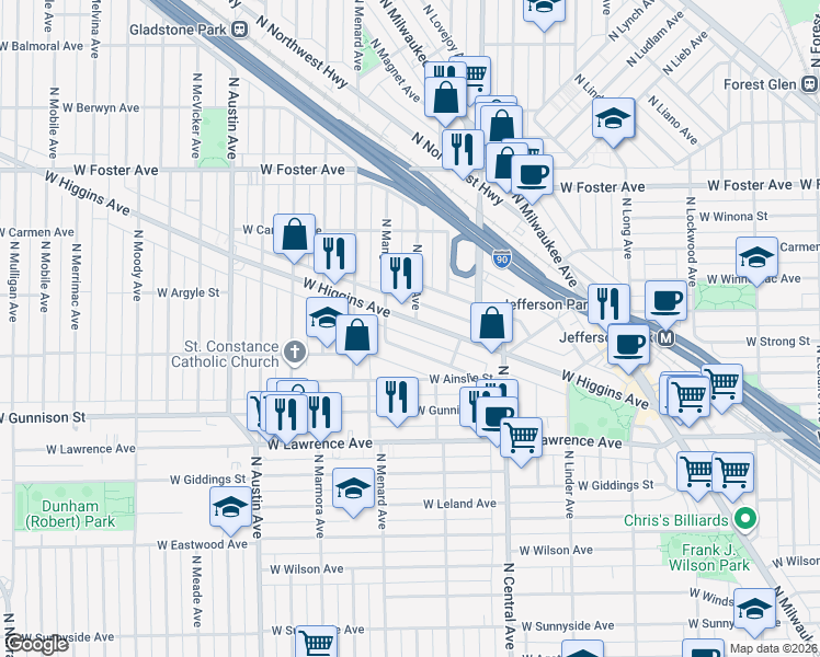 map of restaurants, bars, coffee shops, grocery stores, and more near 5711 West Higgins Avenue in Chicago