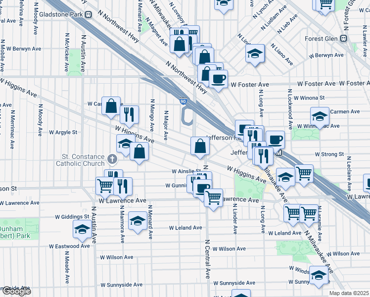 map of restaurants, bars, coffee shops, grocery stores, and more near 5654 West Higgins Avenue in Chicago