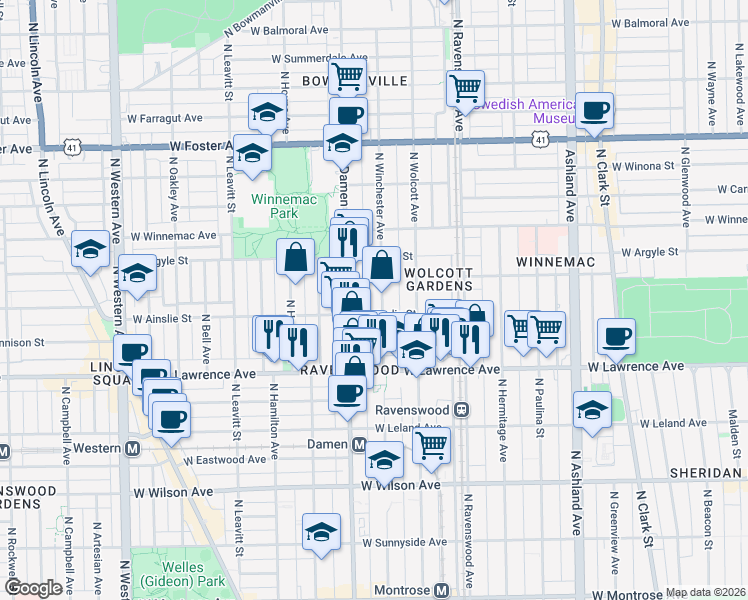 map of restaurants, bars, coffee shops, grocery stores, and more near 4926 North Winchester Avenue in Chicago