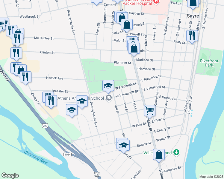 map of restaurants, bars, coffee shops, grocery stores, and more near 401 West Frederick Street in Athens
