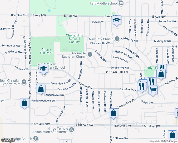 map of restaurants, bars, coffee shops, grocery stores, and more near 5701 Gordon Court Northwest in Cedar Rapids