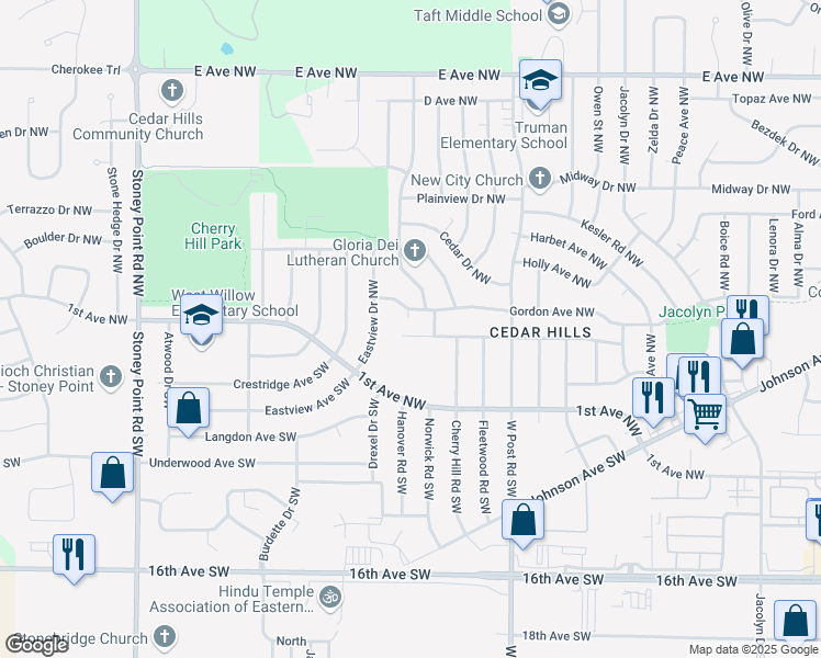 map of restaurants, bars, coffee shops, grocery stores, and more near 5618 Skyline Court Northwest in Cedar Rapids