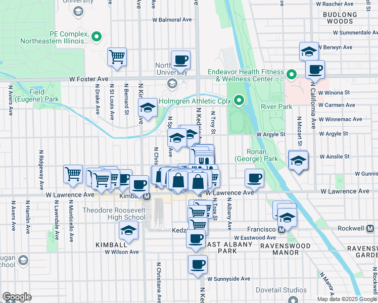 map of restaurants, bars, coffee shops, grocery stores, and more near 4929 North Sawyer Avenue in Chicago