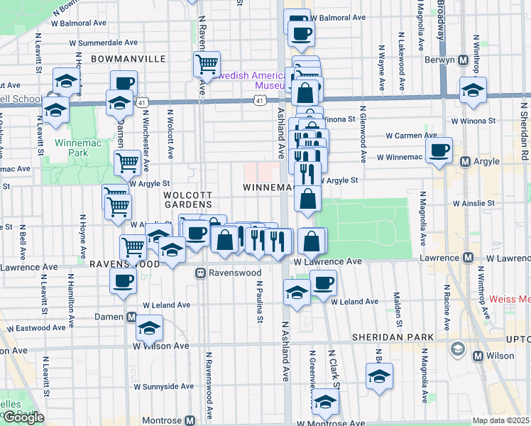 map of restaurants, bars, coffee shops, grocery stores, and more near 4881 North Paulina Street in Chicago