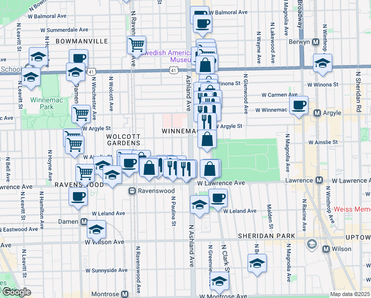 map of restaurants, bars, coffee shops, grocery stores, and more near 4874 North Ashland Avenue in Chicago