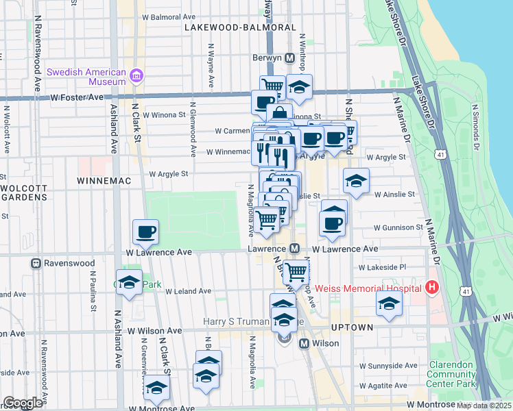 map of restaurants, bars, coffee shops, grocery stores, and more near 4869 North Magnolia Avenue in Chicago