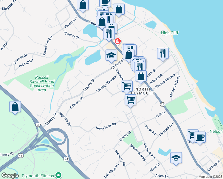 map of restaurants, bars, coffee shops, grocery stores, and more near 28 Cordage Terrace in Plymouth