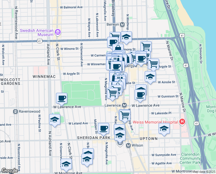 map of restaurants, bars, coffee shops, grocery stores, and more near 4886 North Magnolia Avenue in Chicago