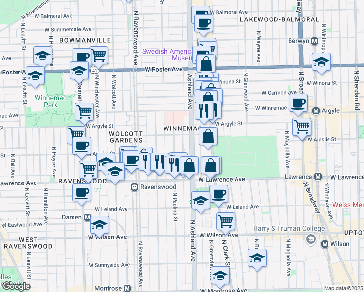 map of restaurants, bars, coffee shops, grocery stores, and more near 4891 North Paulina Street in Chicago