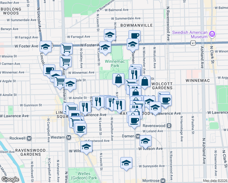 map of restaurants, bars, coffee shops, grocery stores, and more near 4931 North Hamilton Avenue in Chicago
