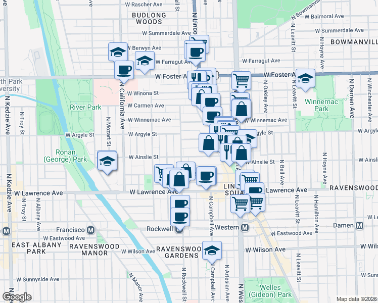 map of restaurants, bars, coffee shops, grocery stores, and more near 2563 West Argyle Street in Chicago