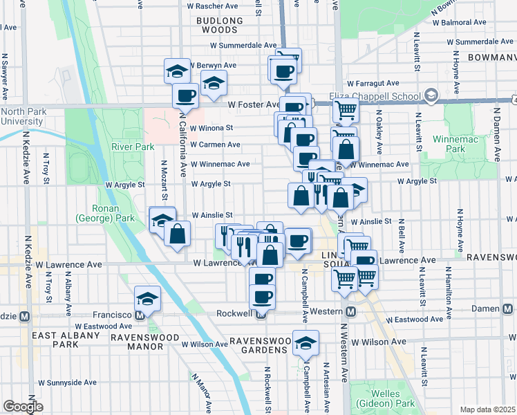 map of restaurants, bars, coffee shops, grocery stores, and more near 4926 North Rockwell Street in Chicago