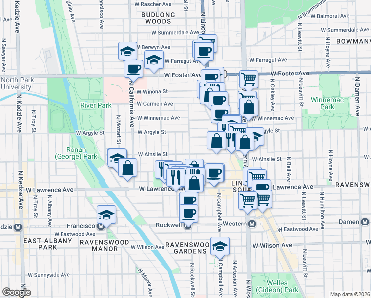 map of restaurants, bars, coffee shops, grocery stores, and more near 4926 North Rockwell Street in Chicago