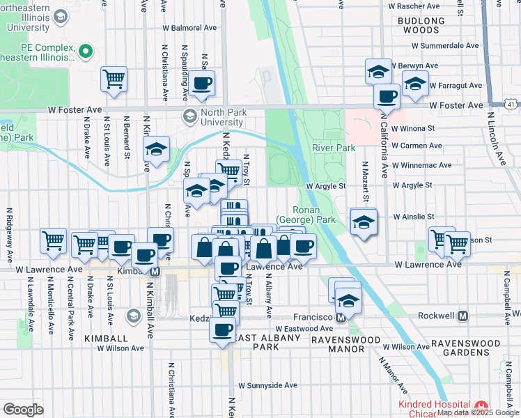 map of restaurants, bars, coffee shops, grocery stores, and more near 4940 North Albany Avenue in Chicago