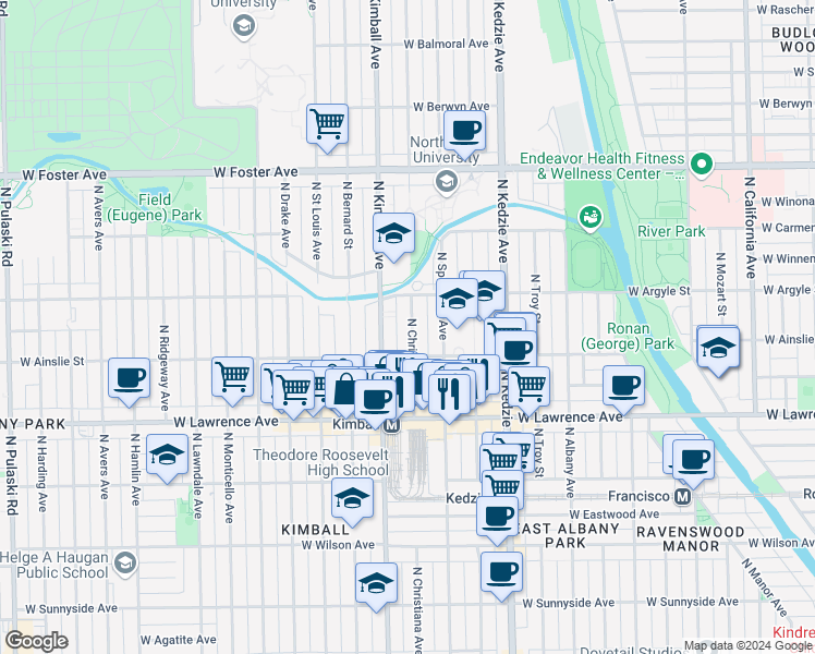 map of restaurants, bars, coffee shops, grocery stores, and more near 4944 North Christiana Avenue in Chicago