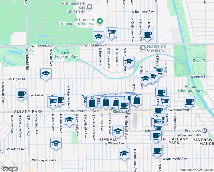 map of restaurants, bars, coffee shops, grocery stores, and more near 4941 North Saint Louis Avenue in Chicago